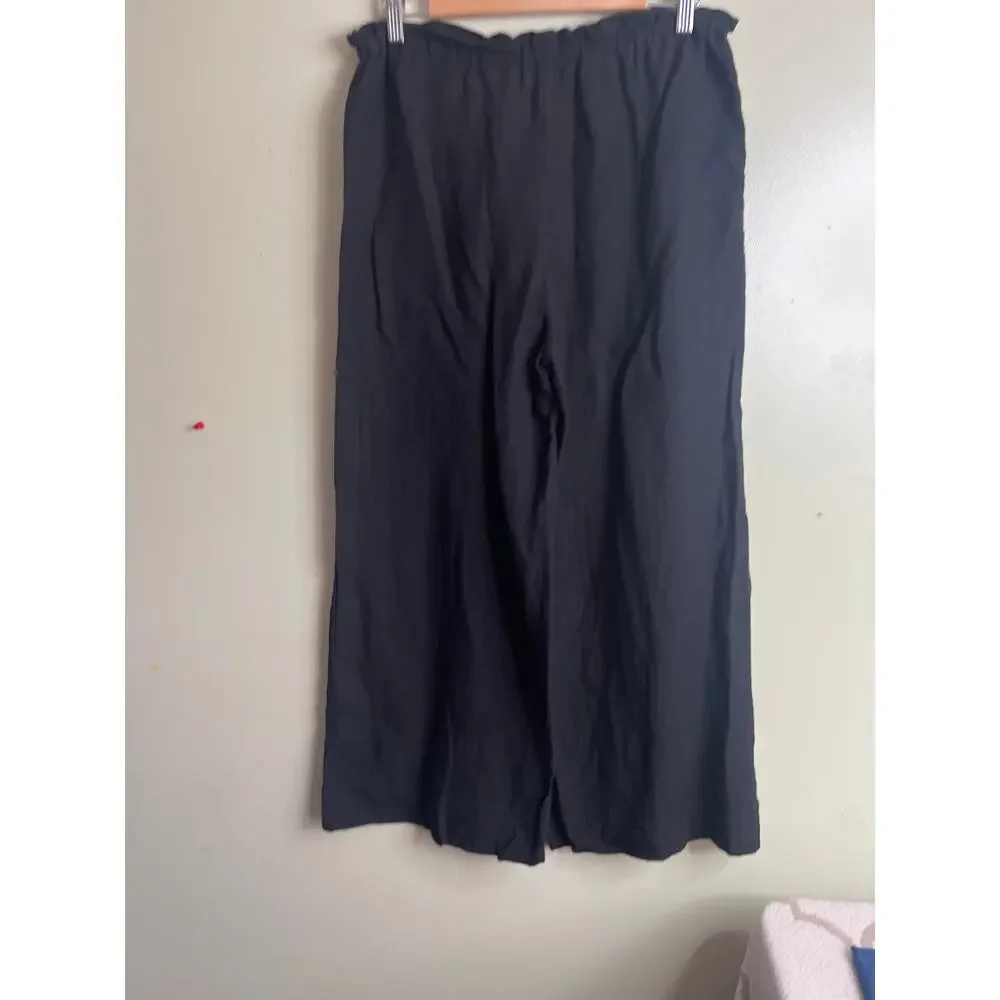 Zara black, high-waisted linen wide-leg pull on pants, tassels, size medium